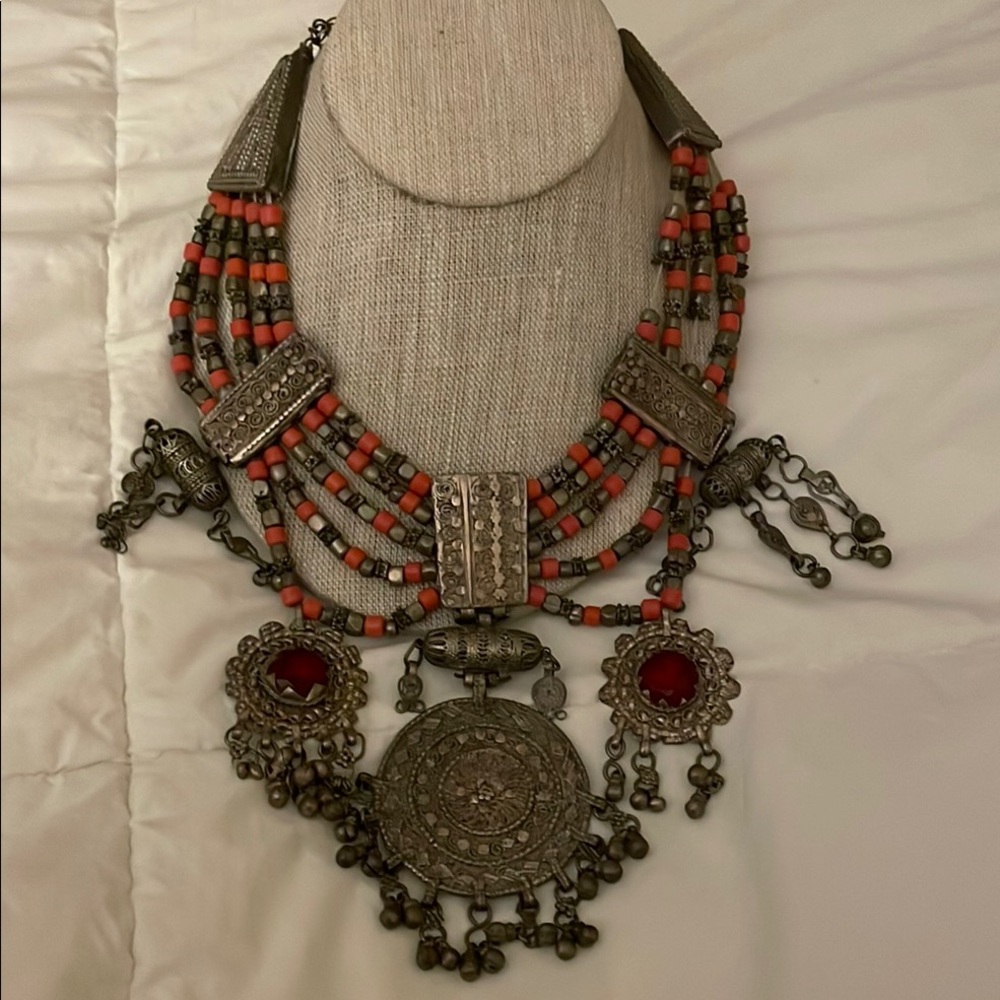 African silver, and coral legume necklace Multicolor Statement Necklace